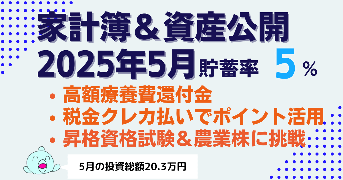 【貯蓄率5%】2025年5月家計簿＆資産公開｜クレカで賢く税金払い＆農業テーマ株に注目